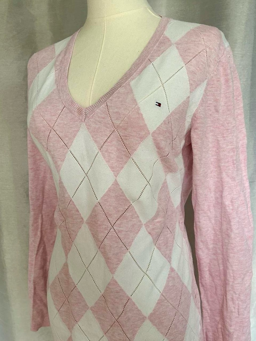 Tommy Hilfiger Pink and White Argyle V-Neck Sweater